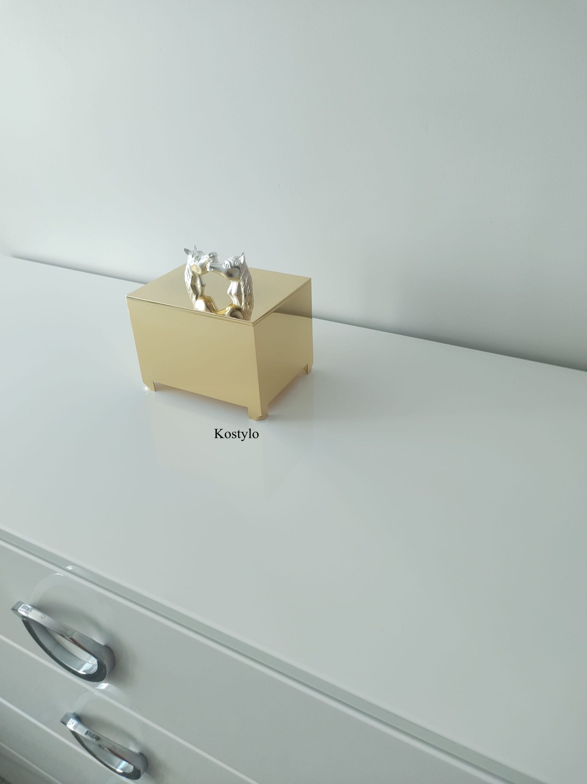 beautiful luxury gilded box with 23-karat gold adorned with heads of arabian horses standing on luxurious white dresser handcrafted  by kostylo atelier