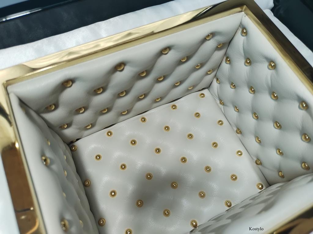 Luxurious Tufted Natural White Leather with Gilded Spikes for a Luxurious Box by Kostylo Interior of luxurious 23-carat gold-gilded jewelry box with gilded quilting and high-quality white natural leather made at Kostylo atelier
