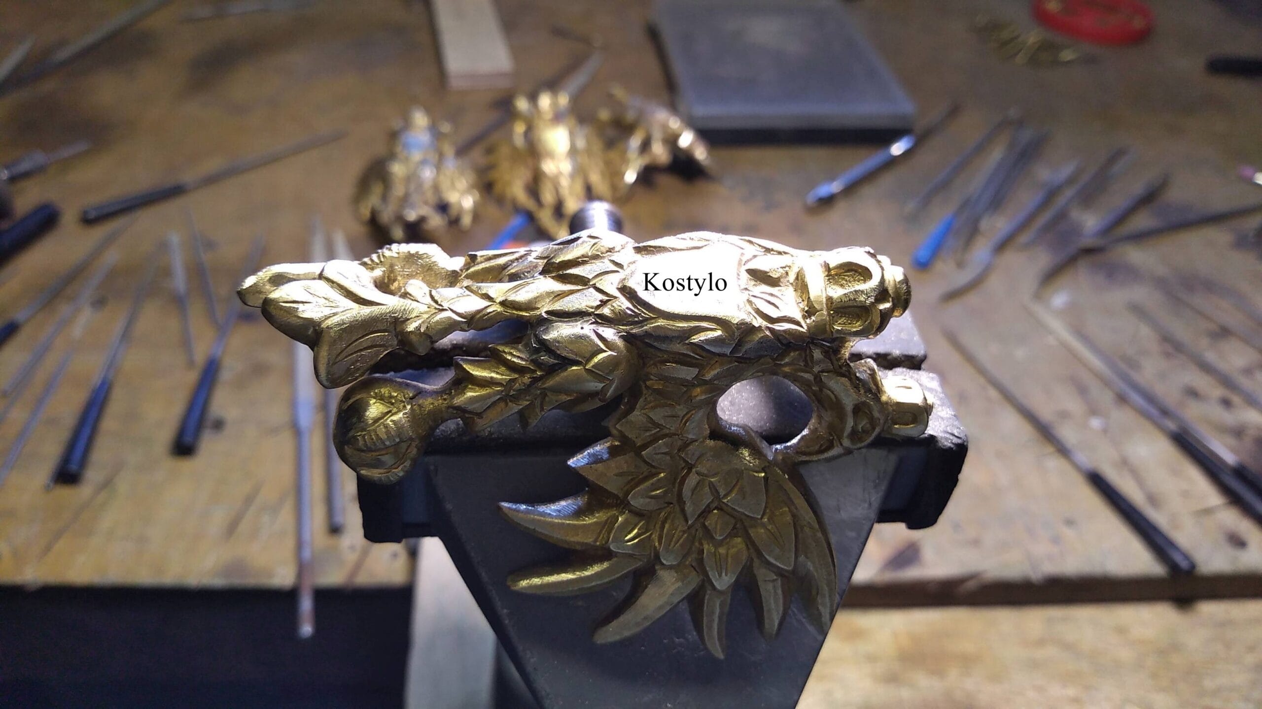 luxurious italian gold-plated figural letter opener in the shape of an eagle with crown in luxury box with white satin entirely handmade in Kostylo atelier